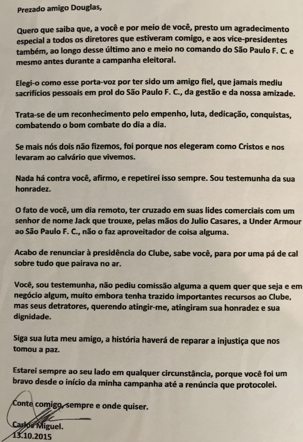 Reprodução da carta de Carlos Miguel Aidar a Douglas Schwartzmann 